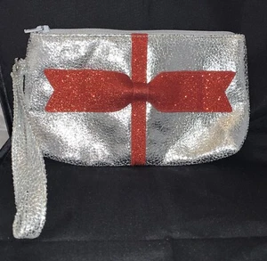 GYMBOREE Silver Red Glitter Bow Present Zippered Wristlet Pouch - Picture 1 of 7
