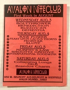 AVALON NIGHTCLUB VINT 1994 AUGUST 3-6 SCHEDULE RAW POWER BOLTTHROWER + CHICAGO - Picture 1 of 2