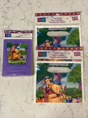 8 Disney Winnie The Pooh "A Royal Birthday Party" Invitations & Treat Sacks NEW - Image 1 of 4