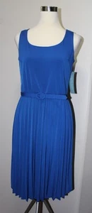 NEW London Times Women's Blue 10 Sleeveless V-neck Back Pleated Belted Dress - Picture 1 of 8
