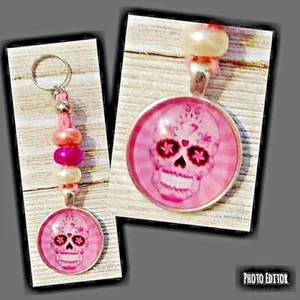 Crochet Pink Skull Keychain Keyring Handmade in USA - Imagen 1 de 1