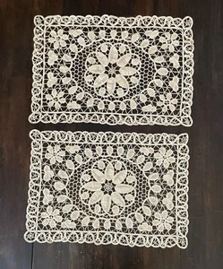 2 Vintage HANDMADE Pointe de Venise LACE PLACEMATS Ivory / Ecru Washed & Ironed - Picture 1 of 3