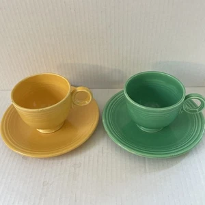 Vintage 2 Sets Original Fiesta HLCo USA Medium grün/gelb O Ring Teetasse & Untertasse - Bild 1 von 7