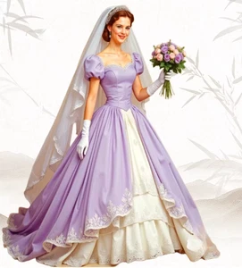 Victoria Purple and Ivory Wedding Dresses with Short Sleeves Satin Bridal Gowns - Picture 1 of 9
