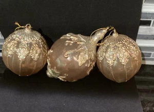 3 Vintage Extra Large Gold Finial Ball Christmas Ornament. Acrylic Handpainted - Picture 1 of 13