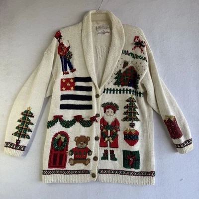 Marisa Christina Navidad Suéter Cárdigan Mujer’s Grande Off White Vintage 1995 Foto 1 de 4