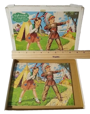COMPLETE Victory Plywood Jigsaw Puzzle 77 pcs Kids Playing Cowboys and Indians - Image 1 of 4
