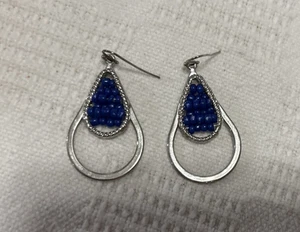 Silver Tone Two-Tone Silver and Blue Pear Shape Women Hook Pierced Earrings - Picture 1 of 9