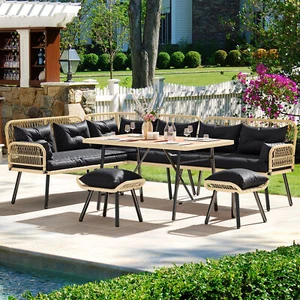 6PC Patio Wicker Furniture Set All-Weather Rattan Outdoor Conversation Sofa Set - Picture 1 of 9