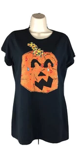 Happy Halloween! Girl’s Size XL Pumpkin Stitch Pattern Black T’ Shirt - Picture 1 of 4