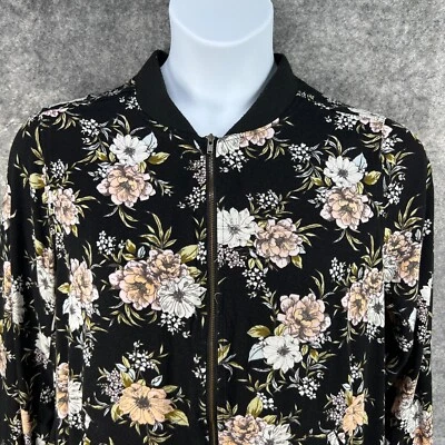 Torrid Jacket 1 Women 1X Black Floral Full Zip Bomber Contrast Neck Cuff Hem - Image 1 of 4