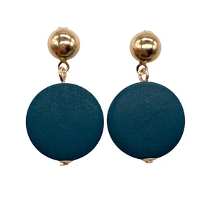 Earrings 20 mm Round Teal Wooden Discs with Yellow Gold Plated Stud Tops New - Picture 1 of 12