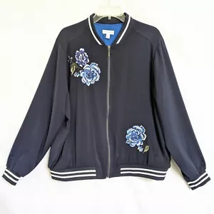 Susan Graver Gr. XL Navy Full Zip Baseball Bomberjacke Blumenstickerei - Bild 1 von 15