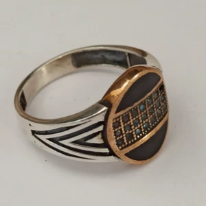 Men's Ring 11.75 Art Deco Revival Silver Bronze Black Enamel Geometric Retro VTG - Picture 1 of 15