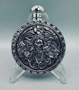 Antiker 800 Silber Parfum Flachmann - Hochrelief klassisches weibliches & florales Design - Bild 1 von 10