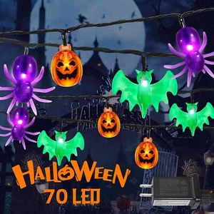 70 LED Pumpkin Bat Spider String Lights - 22.6ft Orange Green Purple Plug - Picture 1 of 7