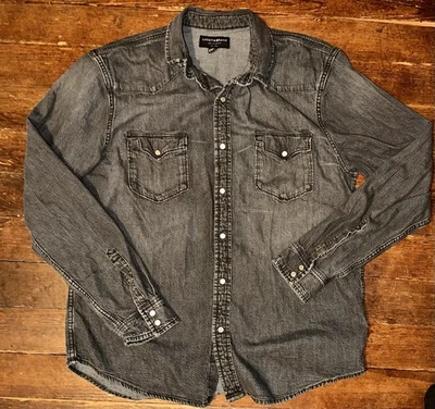 Lucky Brand Black Label Western Pearl Snap Shirt Men Large Charcoal Denim Pocket - Image 1 of 4