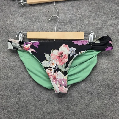 BECCA Bikini Bottom Womens Large Black Floral Mint Ruched Sides Swimwear Lined - Image 1 of 3