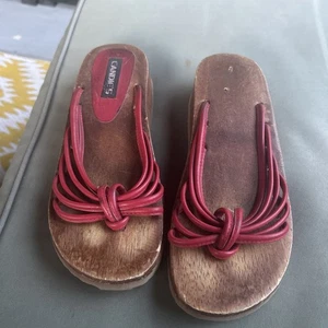 Candies Y2K Chunky Platform Wooden Red Leather Strappy Sandals Size 8M - Picture 1 of 15