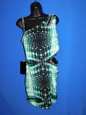 Bebe L NWT Green Snake Print Bodycon Mini Dress Side Cut Out Silver Studded NEW - Image 1 of 4