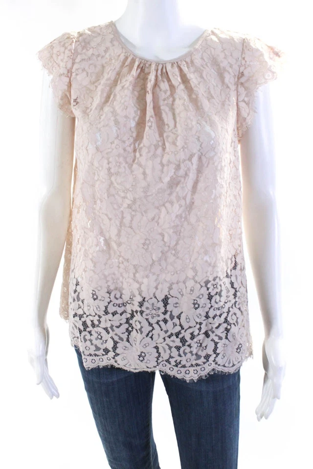 Blusa Top Joie Mujer Transparente Floral Encaje Cuello Redondo Manga Corta Rosa Talla S Foto 1 de 4