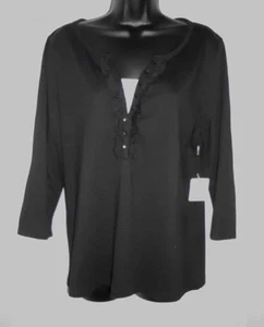 Top vintage St. John's Bay talla L nuevo con etiquetas negro cuello en V blanco inserción volantes de algodón - Imagen 1 de 12