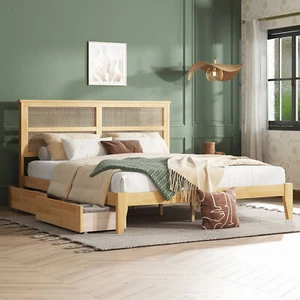 Modern King Size Bed Frame with Rattan Headboard /2 Drawers/ Rubber Wood Bed Oak - Picture 1 of 14