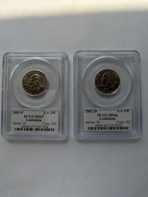 2002 P & D Washington State Quarter Set Louisiana PCGS MS67, MS66 - Image 1 of 4