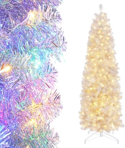 Pre-Lit Pencil Christmas Tree 7.5Ft Artificial Silver Tinsel Xmas Tree with Meta - Picture 1 of 9