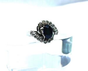 Beautiful Vintage Ornate Sterling Silver Sapphire & White Topaz Ring  - Size M
