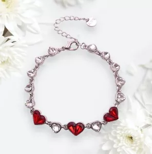 Silvertone Crystal Love Heart Linked Charm Bracelet for Women UK Red Heart - Picture 1 of 6
