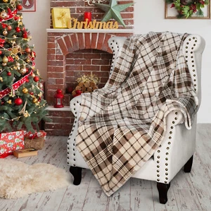 Brown Plaid Throw Blanket Reversible Micro Fleece TV Blanket Bed Couch 50" x 60" - Picture 1 of 5