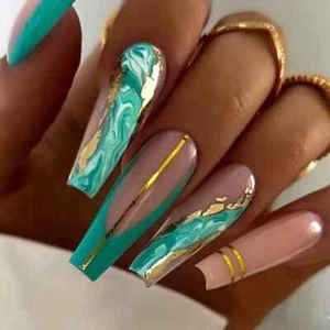 Set 24 pezzi bara lunga balletto marmo verde turchese pressa su unghie oro metallizzato - Foto 1 di 7