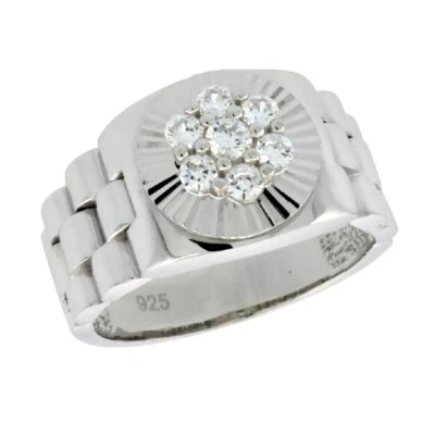 Uomo Argento Sterling Cinturino Stile Anello W/Zircone Cubico Pietre - Immagine 1 di 2