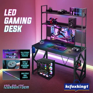 LED Gaming Desk Office Computer Table Racer Gamers Workstation Furniture Black - Picture 1 of 12