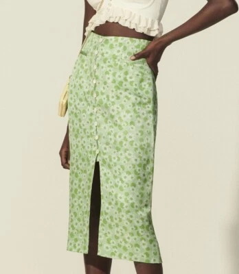 NWT SANDRO Lavande Floral Green Linen & Silk Midi Skirt XL $295 - Image 1 of 4