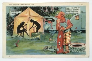 Vintage 1938 Linen Comic Postcard Tourist Camp Tent Humor C-147 - Picture 1 of 2