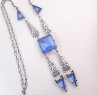 Antique Art Deco Rhodium Plt Blue Glass Triangle Drop Pendant Necklace Filigree - Image 1 of 4