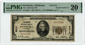 1929 $20 National PAWHUSKA, OK Charter #8313 Oklahoma Serial number 9 - 949708-2 - Picture 1 of 4
