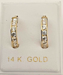 New 14K Yellow Gold Large Huggy Style EURO-BACK Earrings w/CZ Stones - Picture 1 of 2