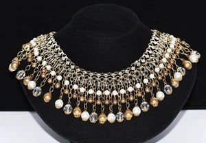 Vendome Style EGYPTIAN Revival Faux PEARL Clear and Bronze BEADED Wide Necklace - Picture 1 of 7
