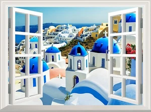 Greek Wall Decal 3D Fake Window Sticker Poster Greece Santorini Wallpaper Mural - Picture 1 of 6