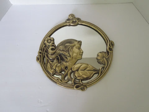 Vintage Art Nouveau Round Mirror Woman's Face and Flowers Gold Brass Frame 10" Cover