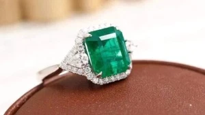 6.80 Ct Natural Emerald & Diamond Engagement Ring 14K Solid White Gold Size 6.5 - Picture 1 of 9