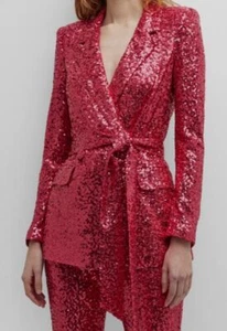 $550 Badgley Mischka Women's Red Belt Sequin Double-Breast Blazer Jacket Size 2 - Picture 1 of 4