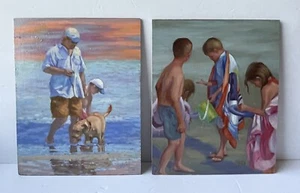 Lot 2 Oil Painting signed Texas Artist Joanna Burch Beach Shoreline Kids Dog - Picture 1 of 14