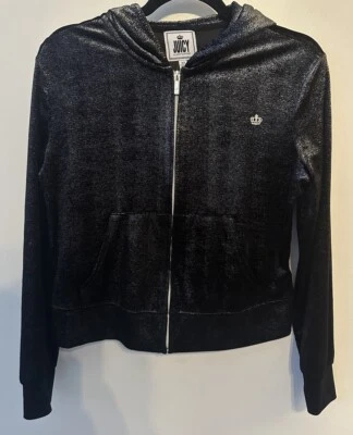 Sudadera con Capucha Juicy By Juicy Couture Negra y Plateada Terciopelo Brillante Talla Mediana Y2K Foto 1 de 4