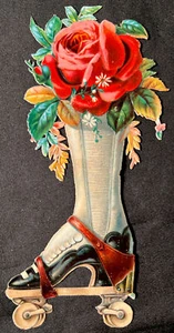 HTF Victorian ROLLER SKATE and ROSES 1882 BEAUTIFUL Embossed Die Cut 6 1/4 INCH - Picture 1 of 5