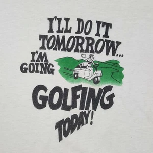 Vtg 70s Golfing Today T-Shirt M White Golf Cart Humor Spell Out 50/50 Paper Thin - Picture 1 of 12