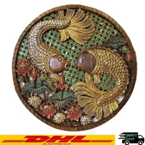 35" Diameter Wall Hanging Fish Round Carved Wood Panel Thai Art Home Decor DHL - Picture 1 of 9